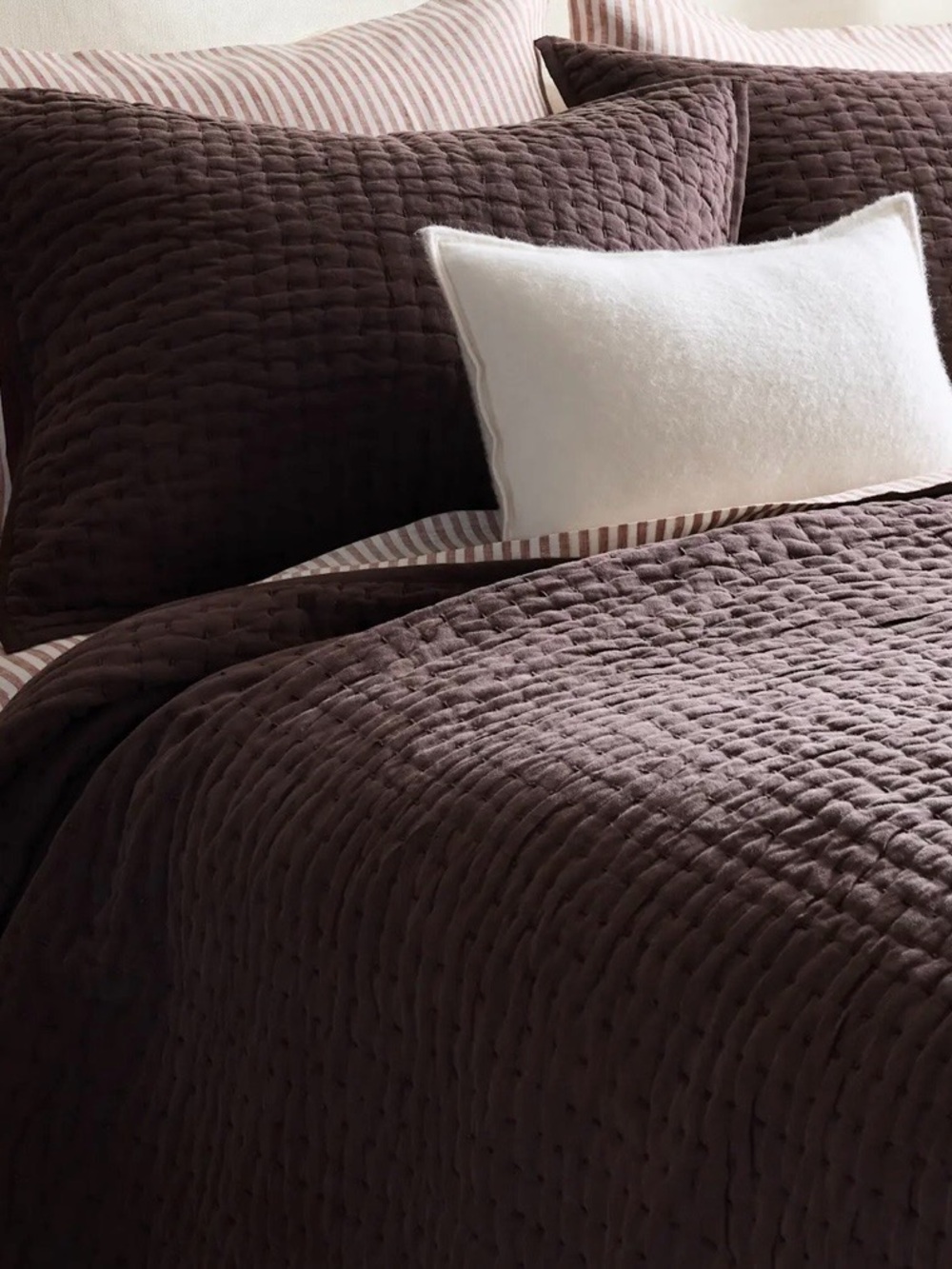 NWT Quince European Linen Cotton Stitch Quilt Set, King/Cal (Espresso) MSRP $219